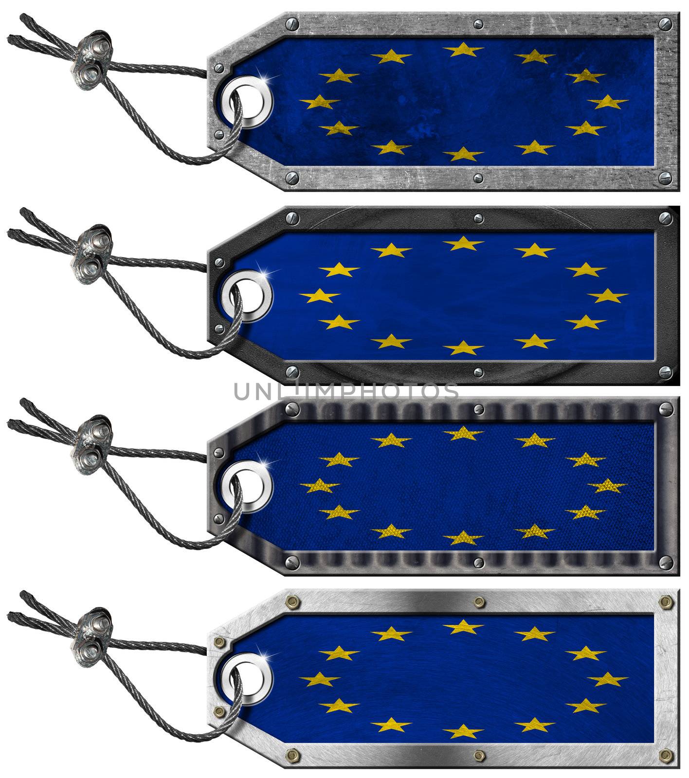 Four grunge metallic tags with European Union flags, steel cable and metal rivets
