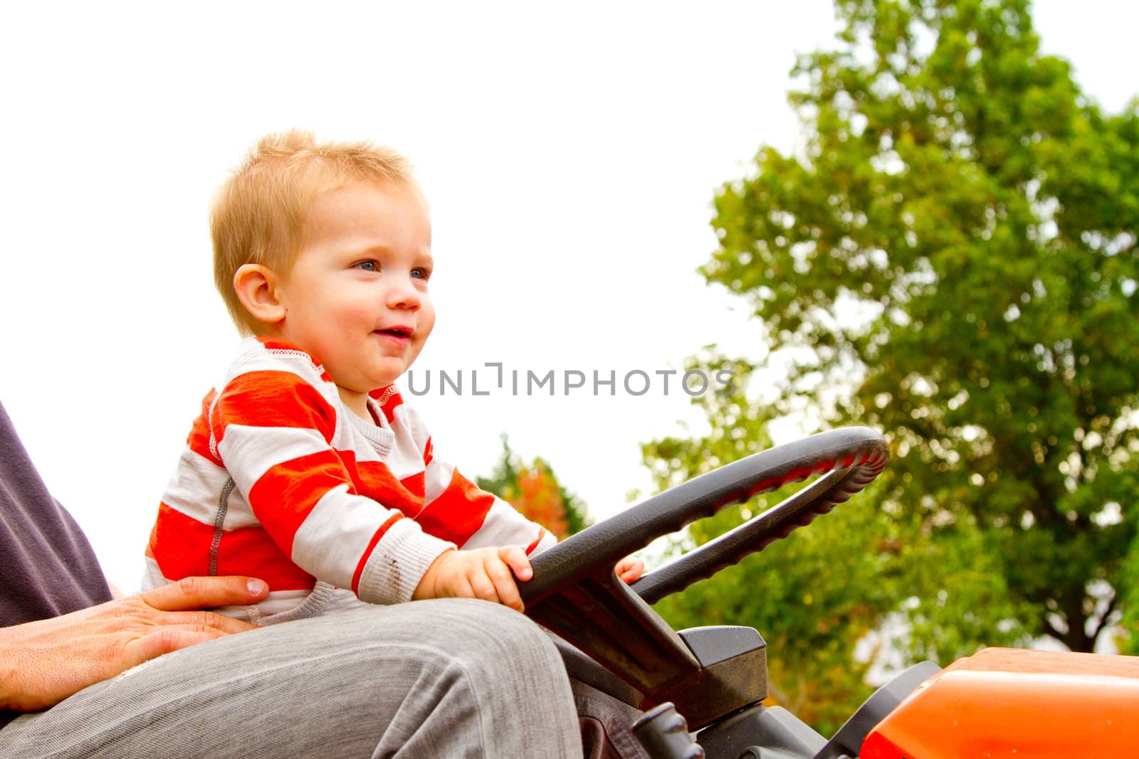 A portrait of a young boy playing outdoors wearing a red and white striped shirt.