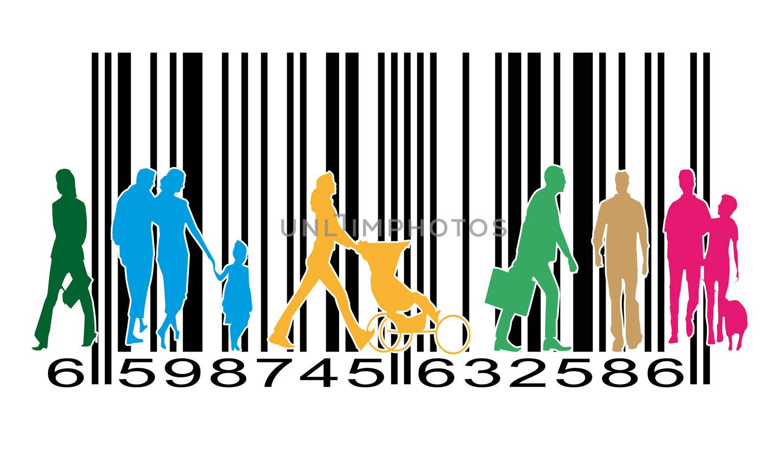 pedestrians or customers of a supermarket on a barcode