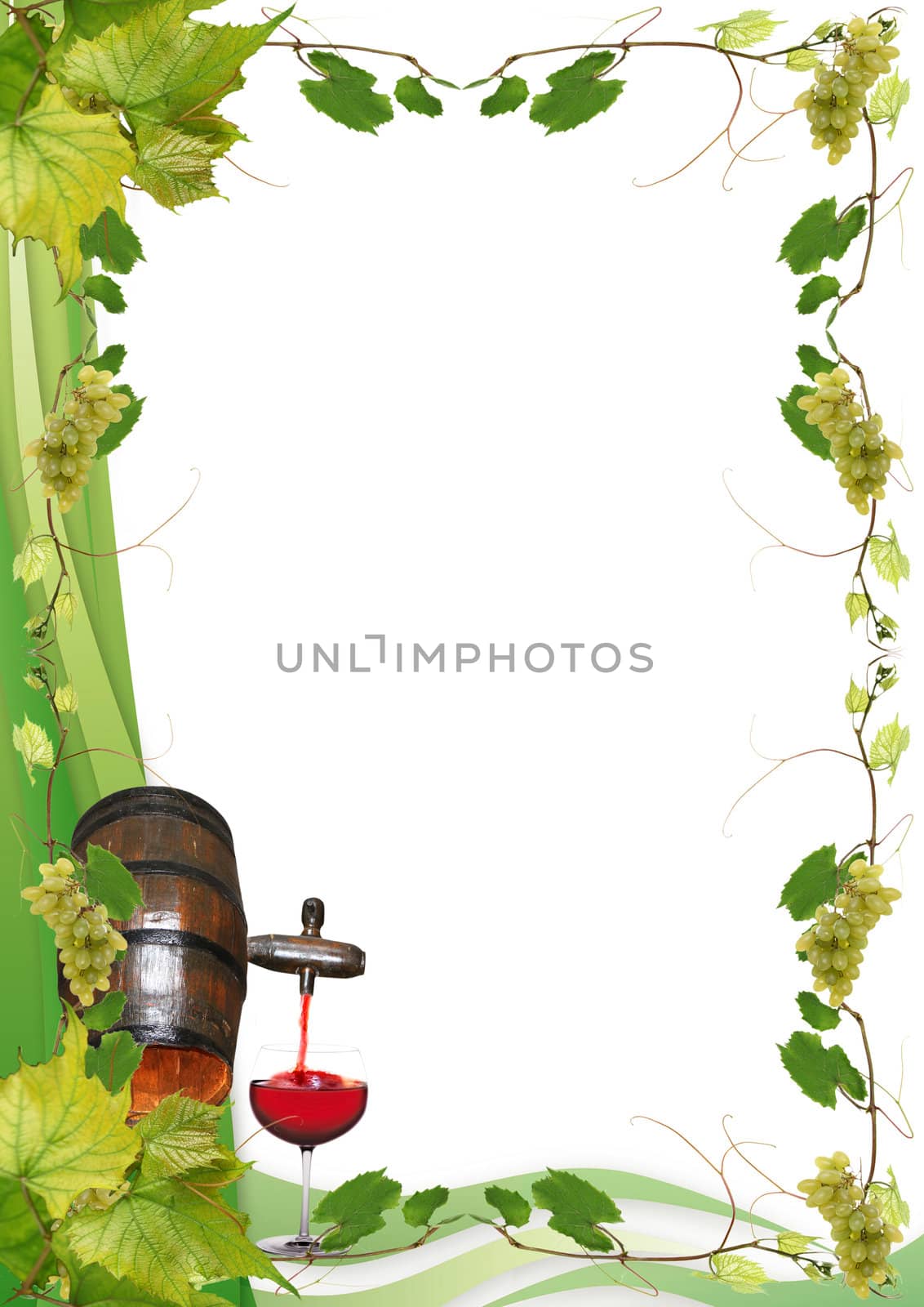 vine leaves, grapes, barrel and glass of red wine for a wine in a restaurant