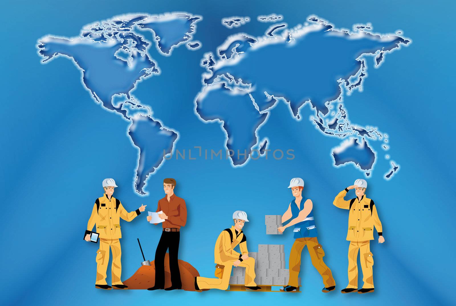 illustrations of building workers to work on a world map