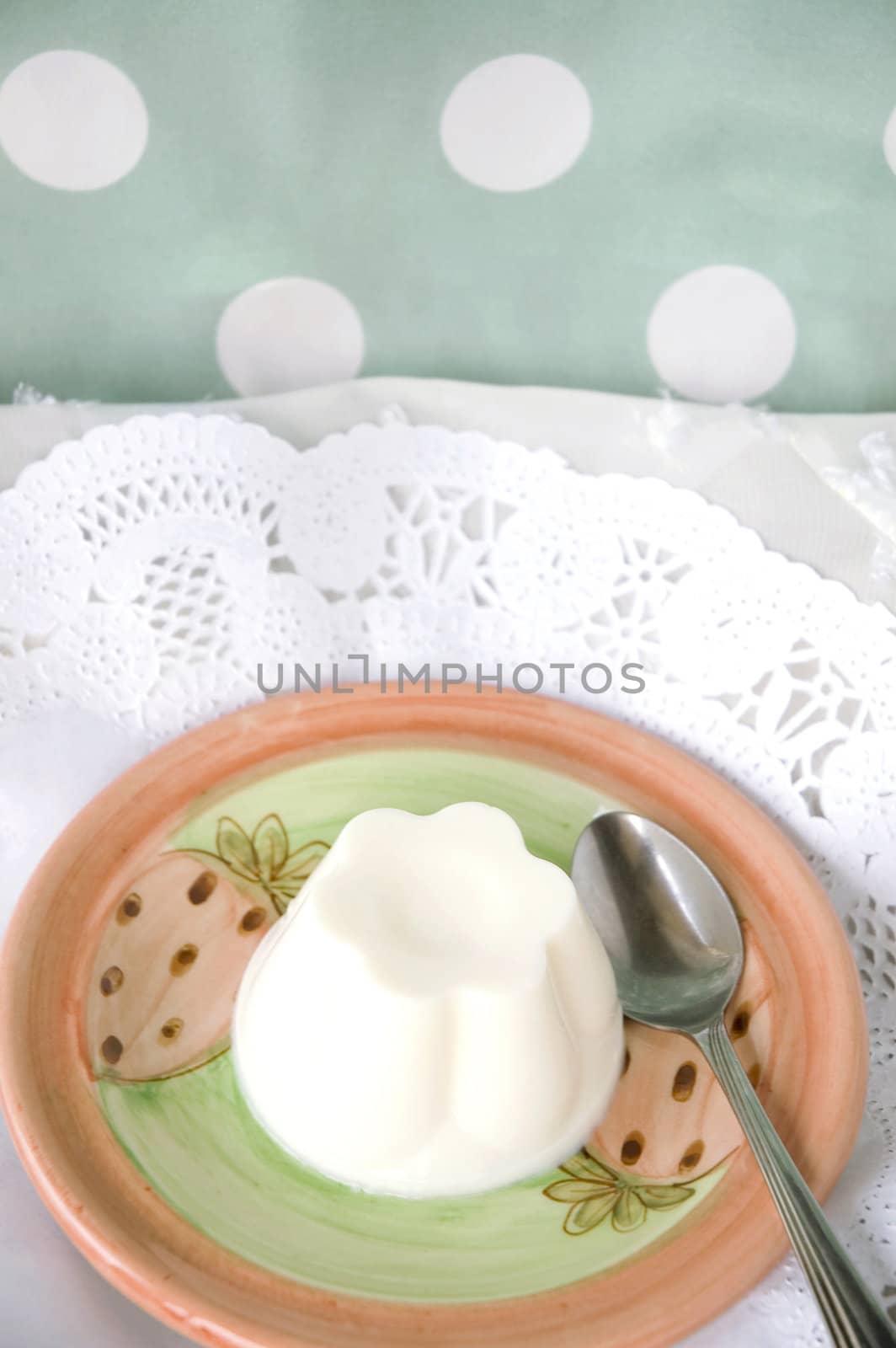 milk pudding serve on plate with polka dots background