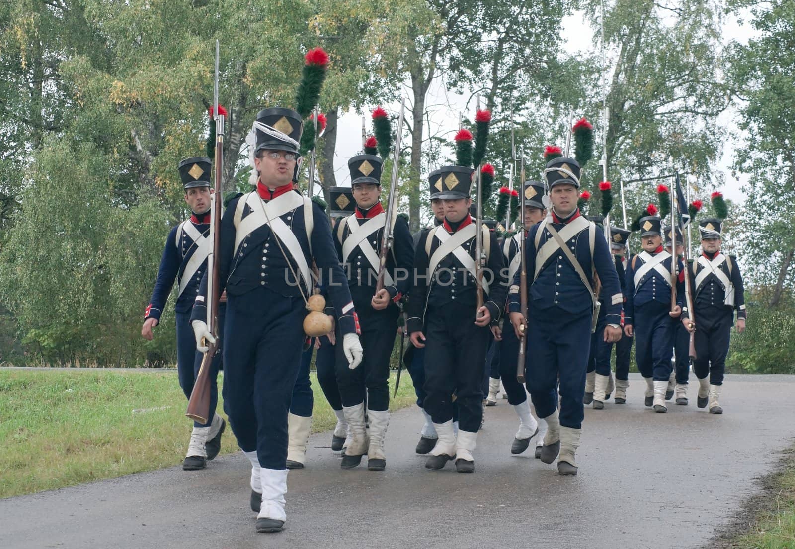 Historical reconstruction.  Soldiers of 9 Light Infantry regiment of Napoleon army at the festival of the Borodino battle