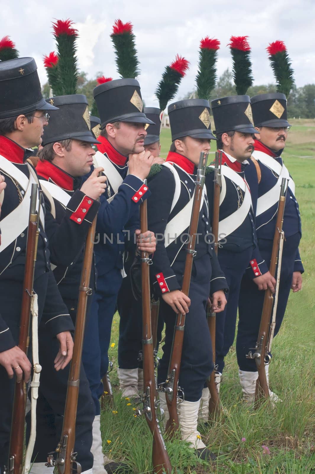 Historical reconstruction.  Soldiers of 9 Light Infantry regiment of Napoleon army at the festival of the Borodino battle