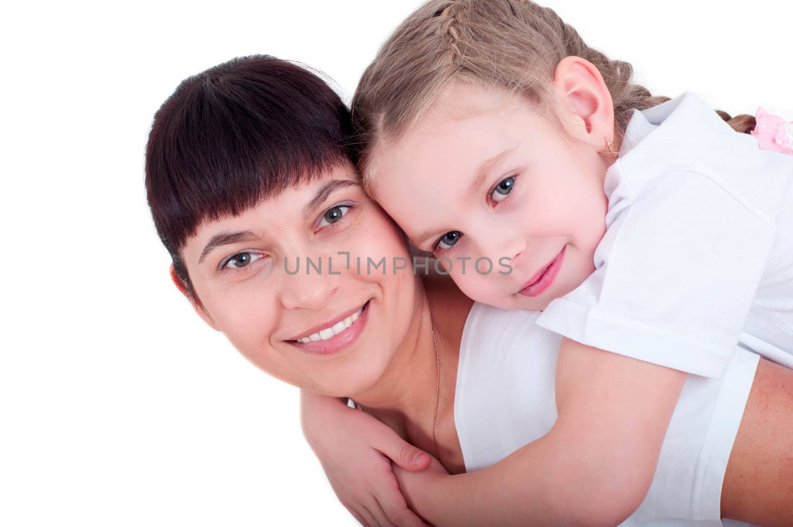 portrait of mom and daughter playing together, isolated on white