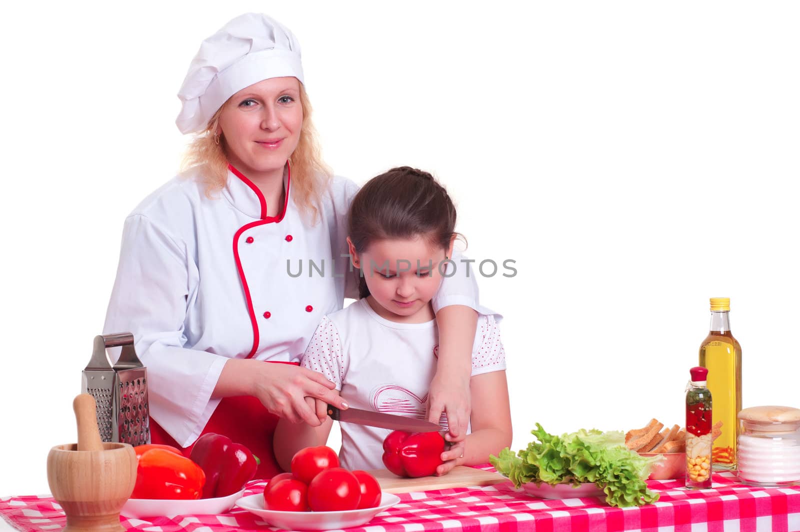 Mother and daughter cooking dinner, white backgroung