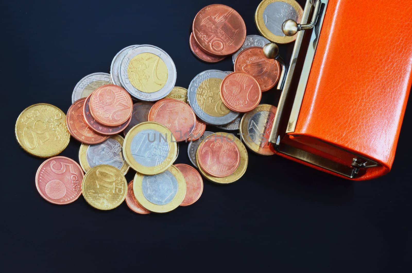 European coins droped around open purse