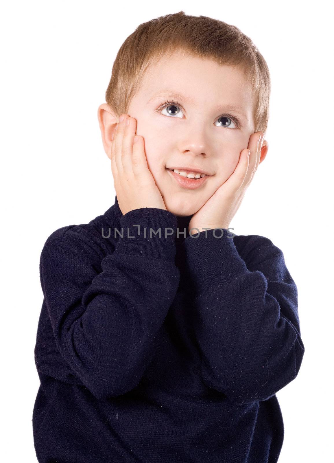 Boy squeezing his cheeks and making a funny expression, isolated on white background
