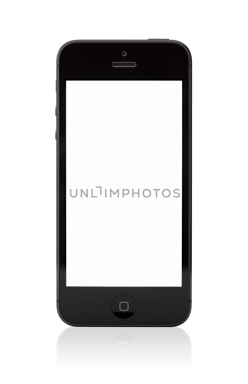 Kiev, Ukraine - January 9, 2013: The new black Apple iPhone 5, sixth generation version of the iPhone is slimmer and lighter model with new high-resolution, 4-inch screen display.