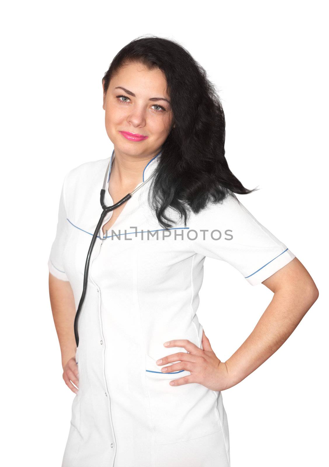 Smiling medical doctor woman with stethoscope. Isolated over white background 
