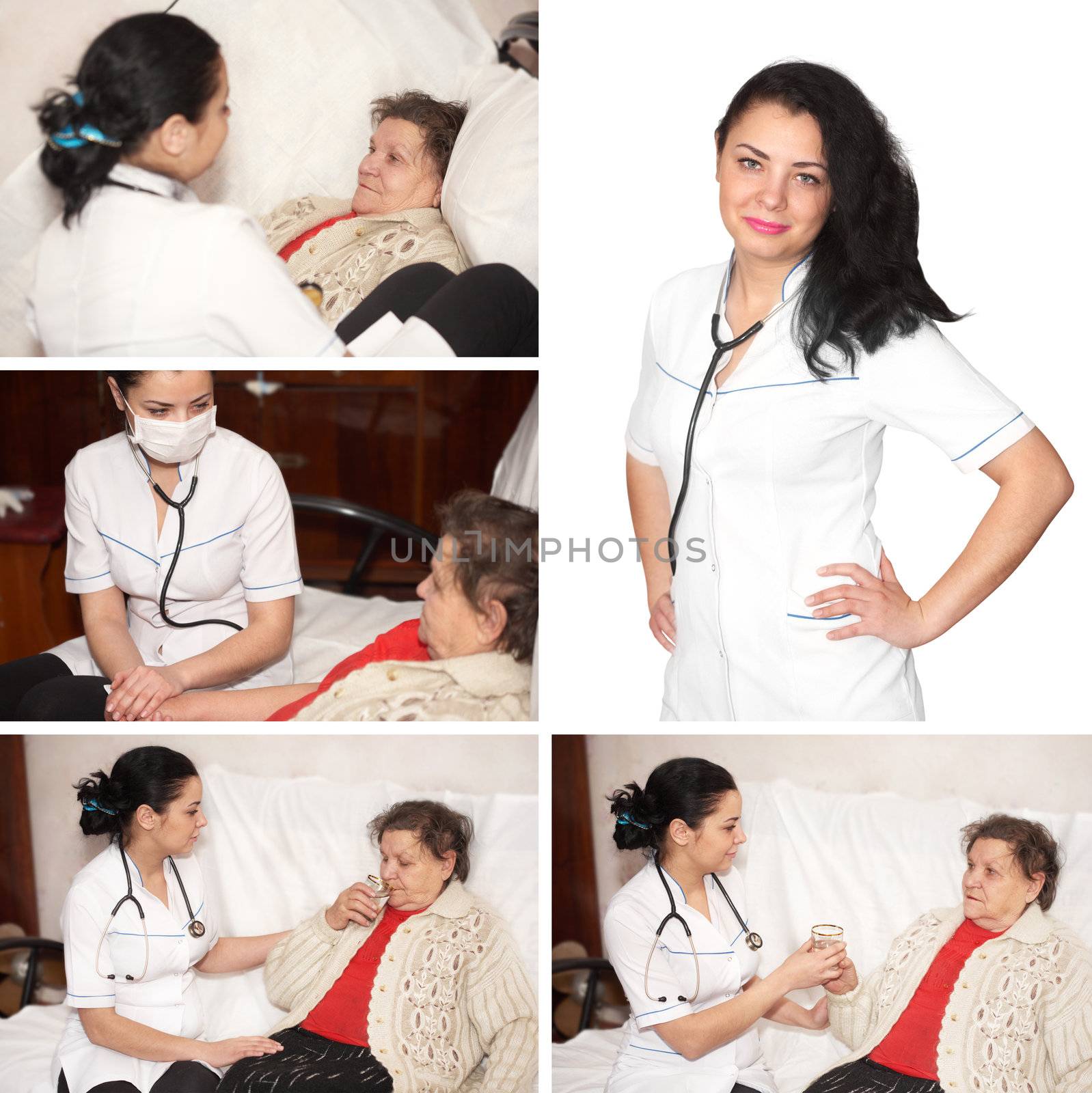 Collage. Senior woman is visited by her doctor