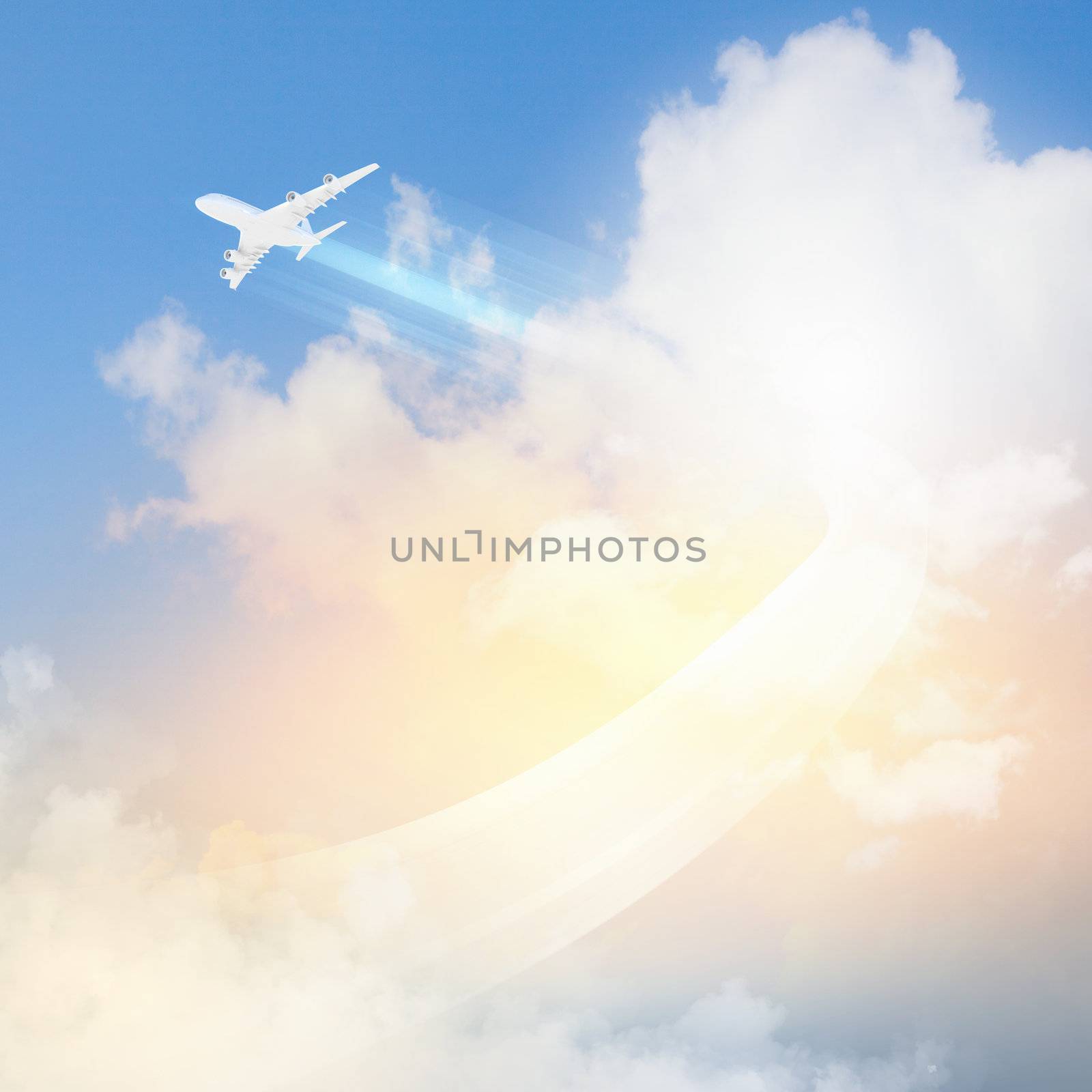 Image of flying airplane in sky with clouds at background