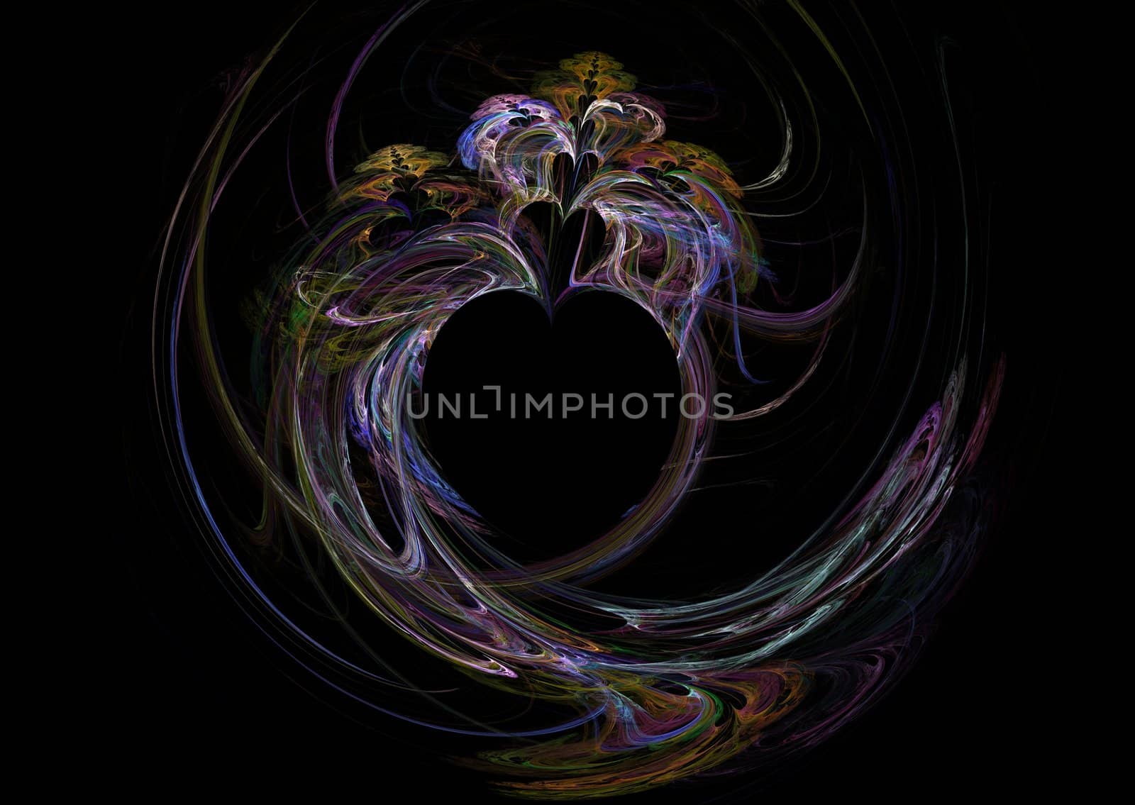 Heart shape multicolored fractal picture on the dark background