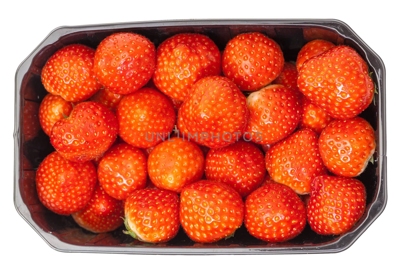 Fresh Strawberries in a Plastic Container on a white background.