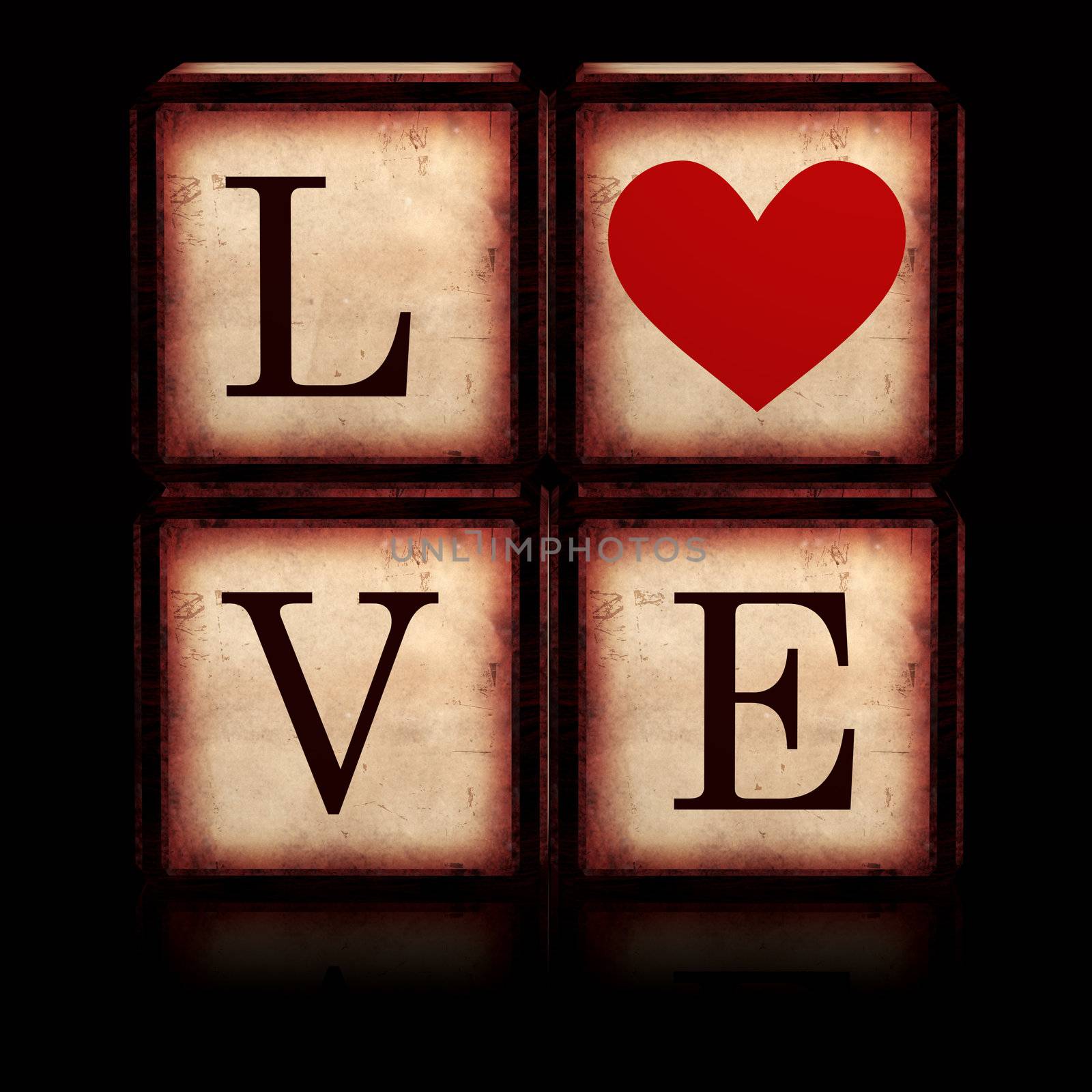 3d wooden cubes with letters makes love with red heart over black, retro concept