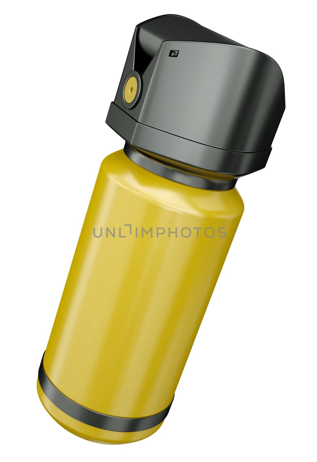 Yellow pepper spray/ tear gas container isolated on a white background. 3D render.