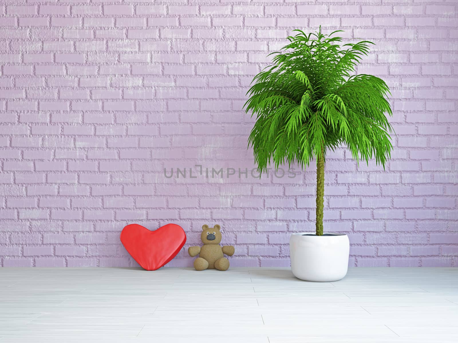 A romantic heart and bear near the wall