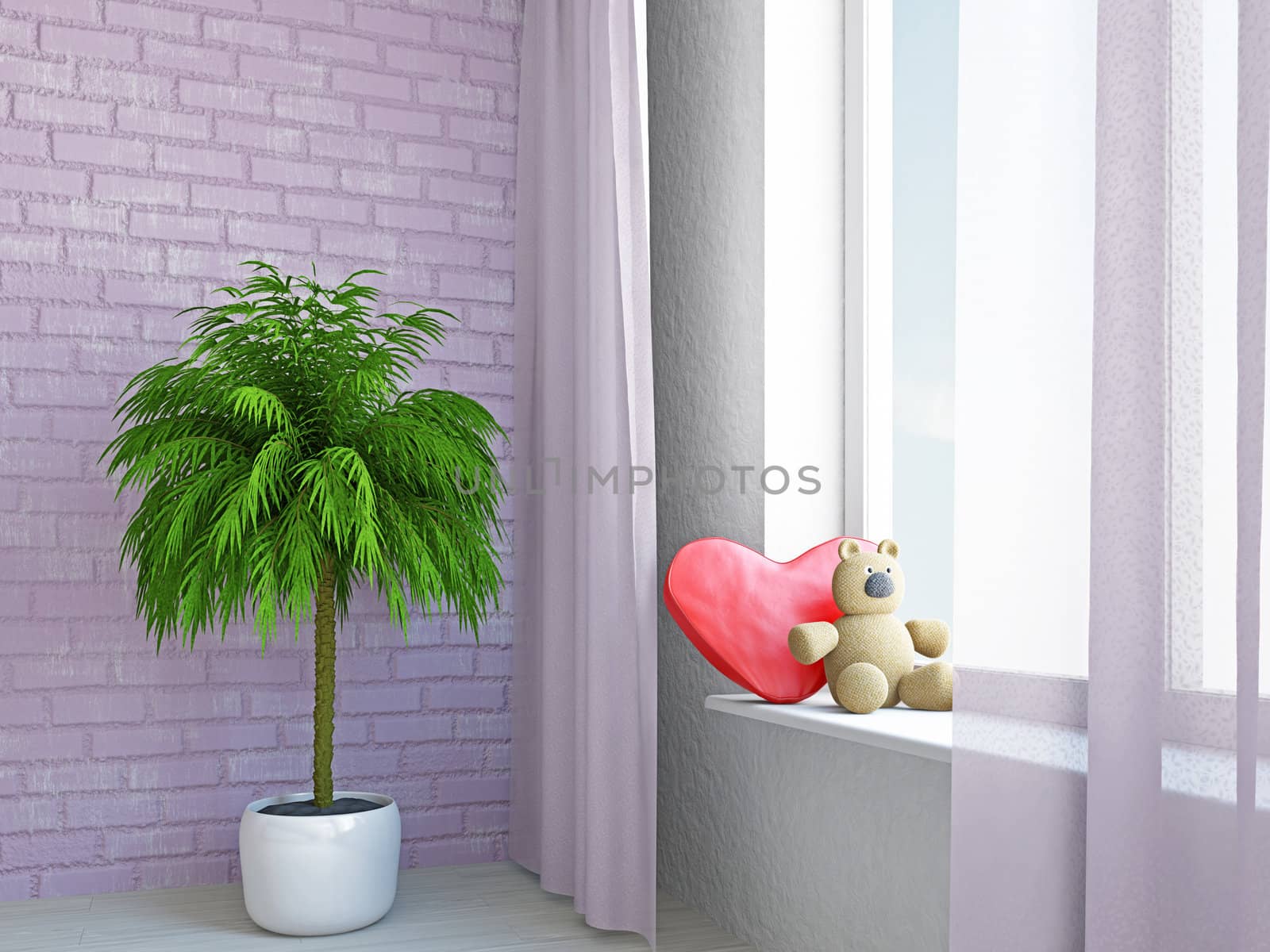 A romantic heart and bear on the sill