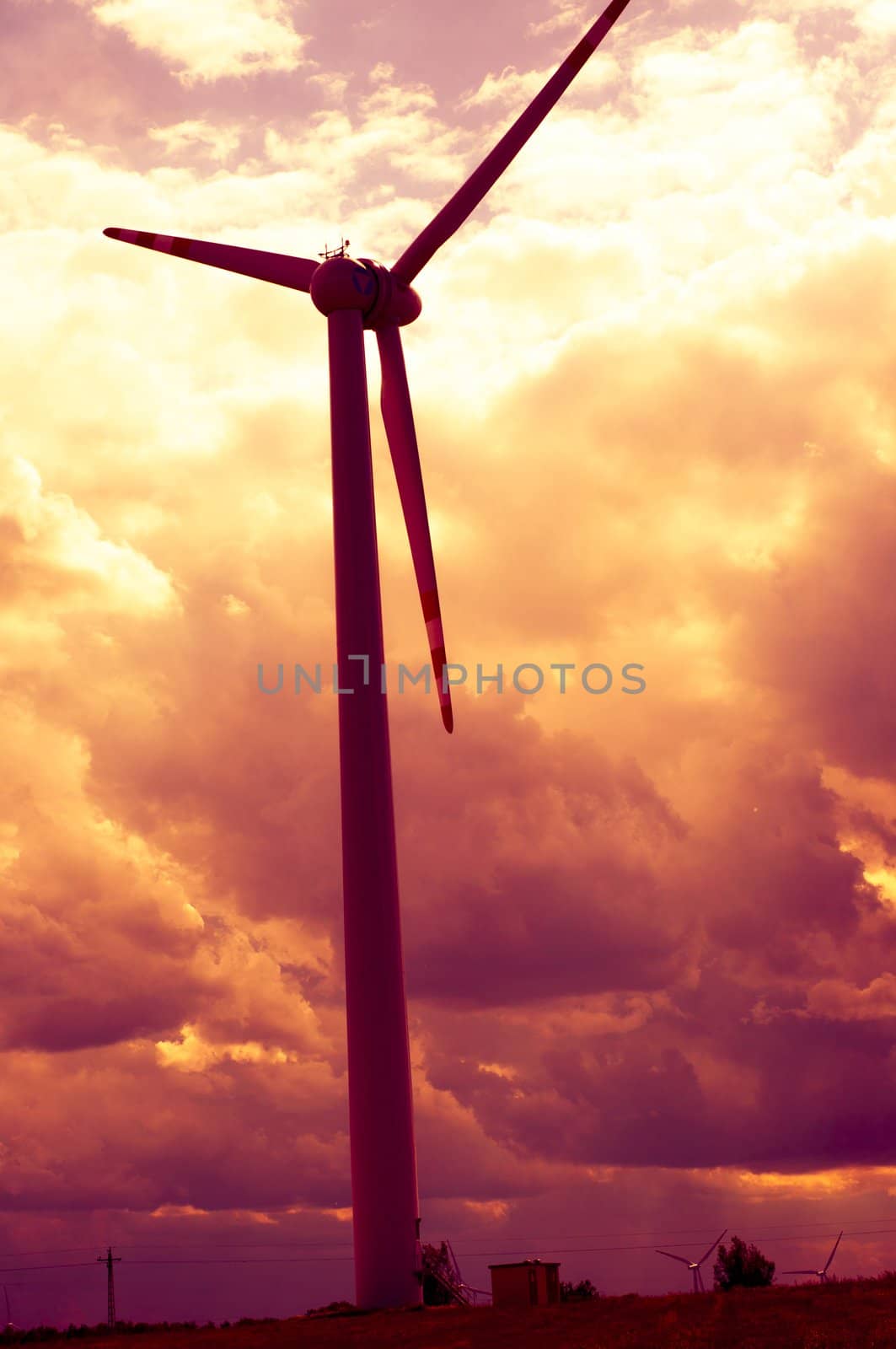 An image of windturbines at dusk
