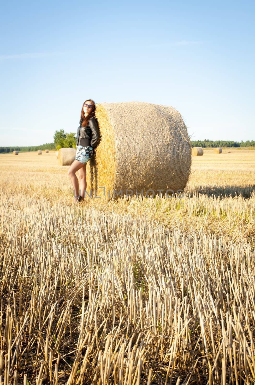 An image of brunette girl portrait and straw bale 