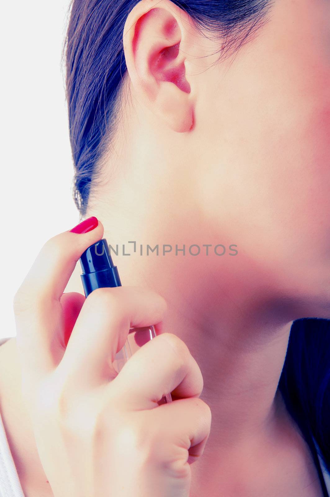 An image of woman testing perfume isolated on white