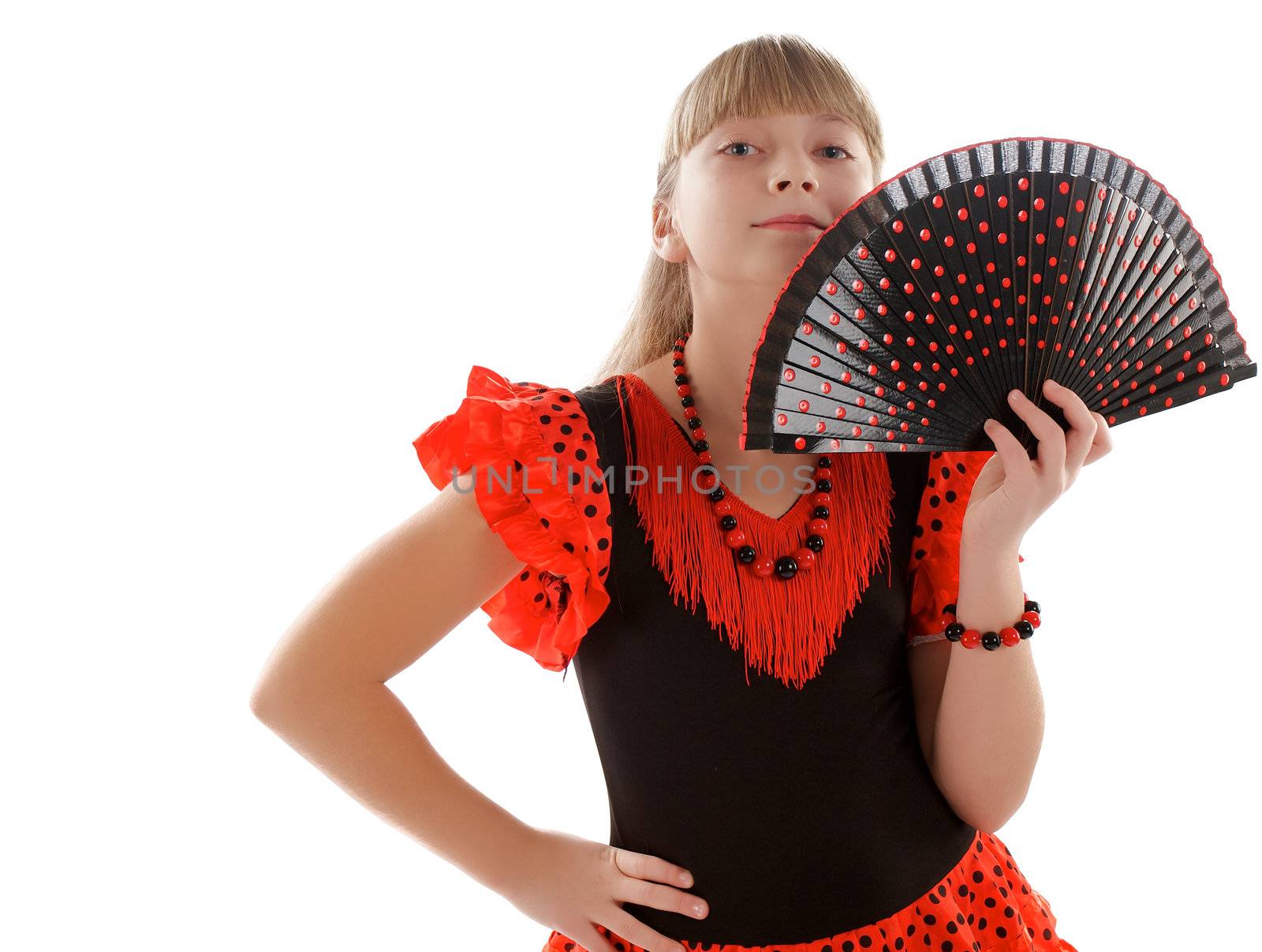 Young Girl Posing in Stance of Flamenco in Traditional Costume with Fan closeup on white background