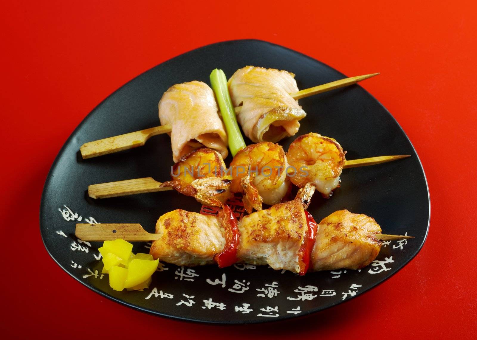 Japanese skewered  seafoods ,Yakitori  .closeup