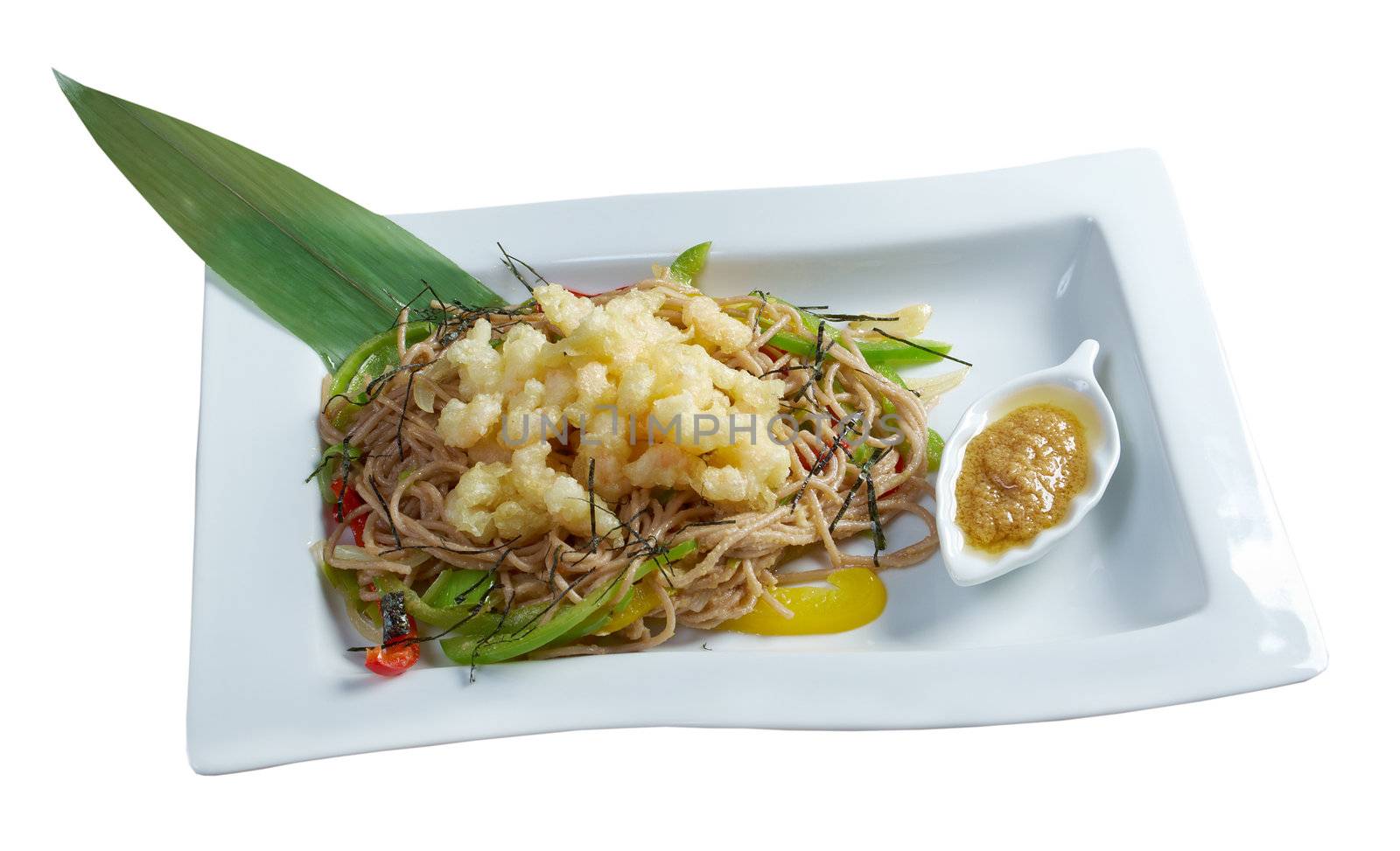 .Soba Noodle and Tempura Seafood and Vegetables.isolated on white background. clipping Path 