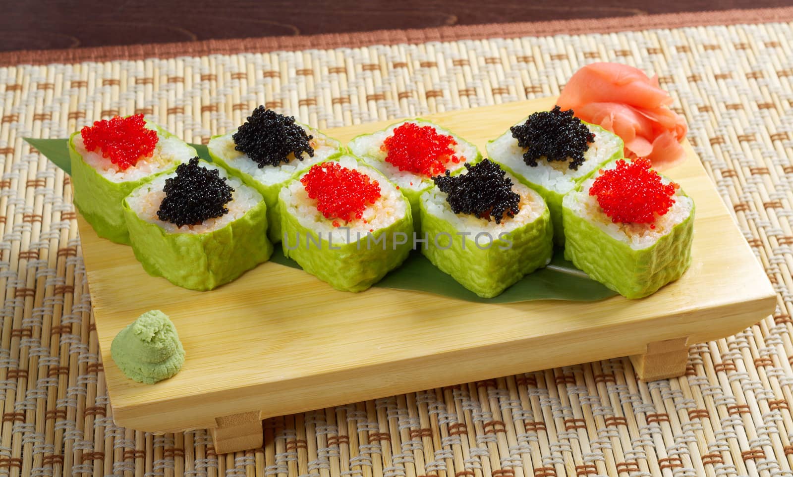 Japanese sushi . traditional japanese food.Roll made of Smoked fish and  roe