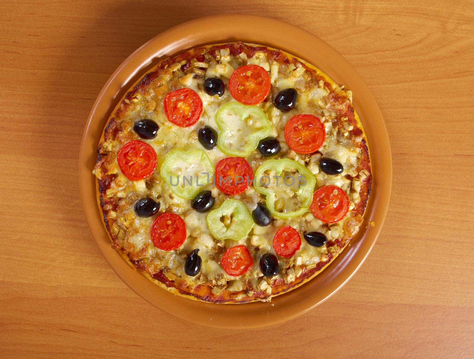 .home pizza with tomato and eggplant  Closeup 