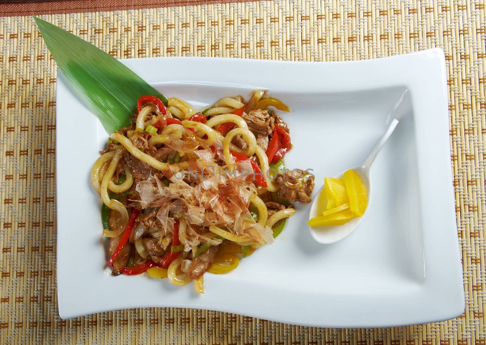 Japanese cuisine .udon with meat and vegetables