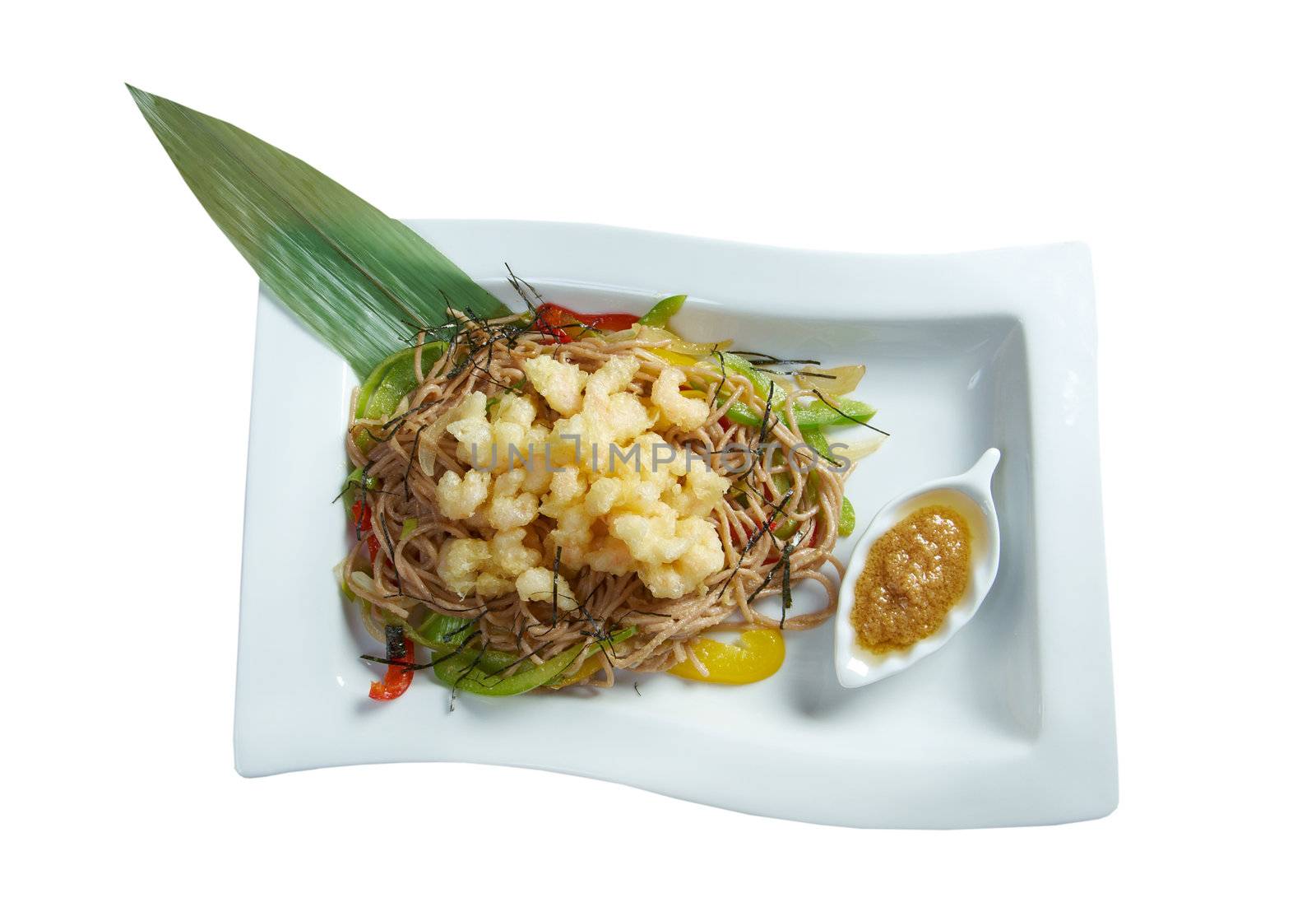 Japanese cuisine .Soba Noodle and Tempura Seafood and Vegetables.isolated on white background. clipping Path 