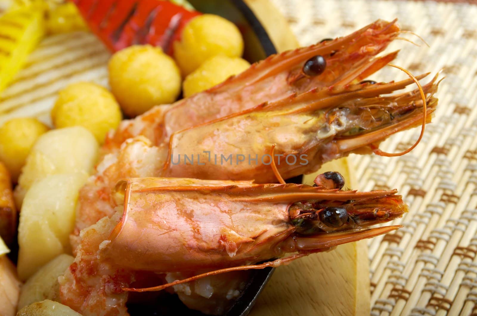 Japanese cuisine .Salmon Steak with royal prawn