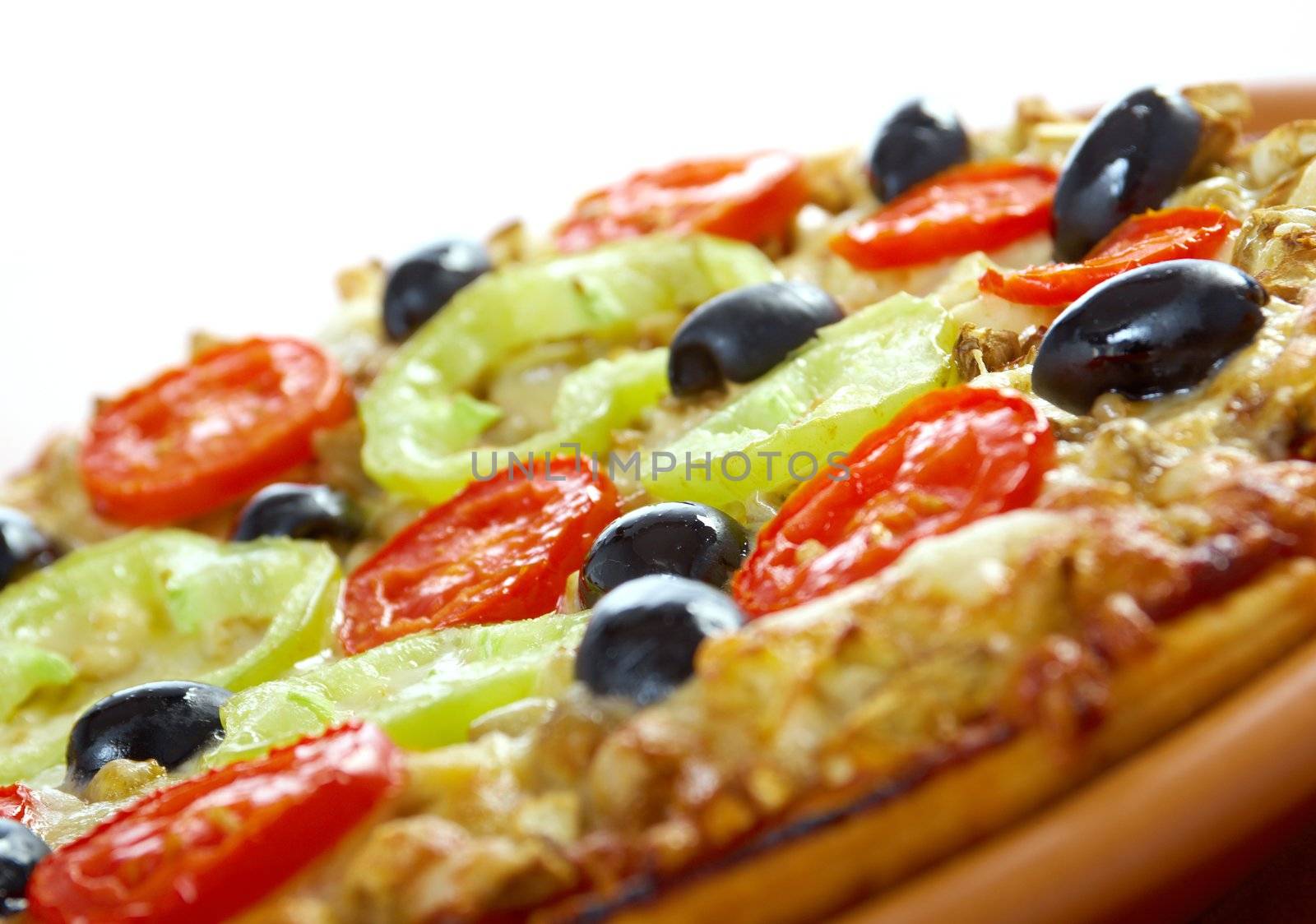 .home pizza with tomato and eggplant  Closeup 