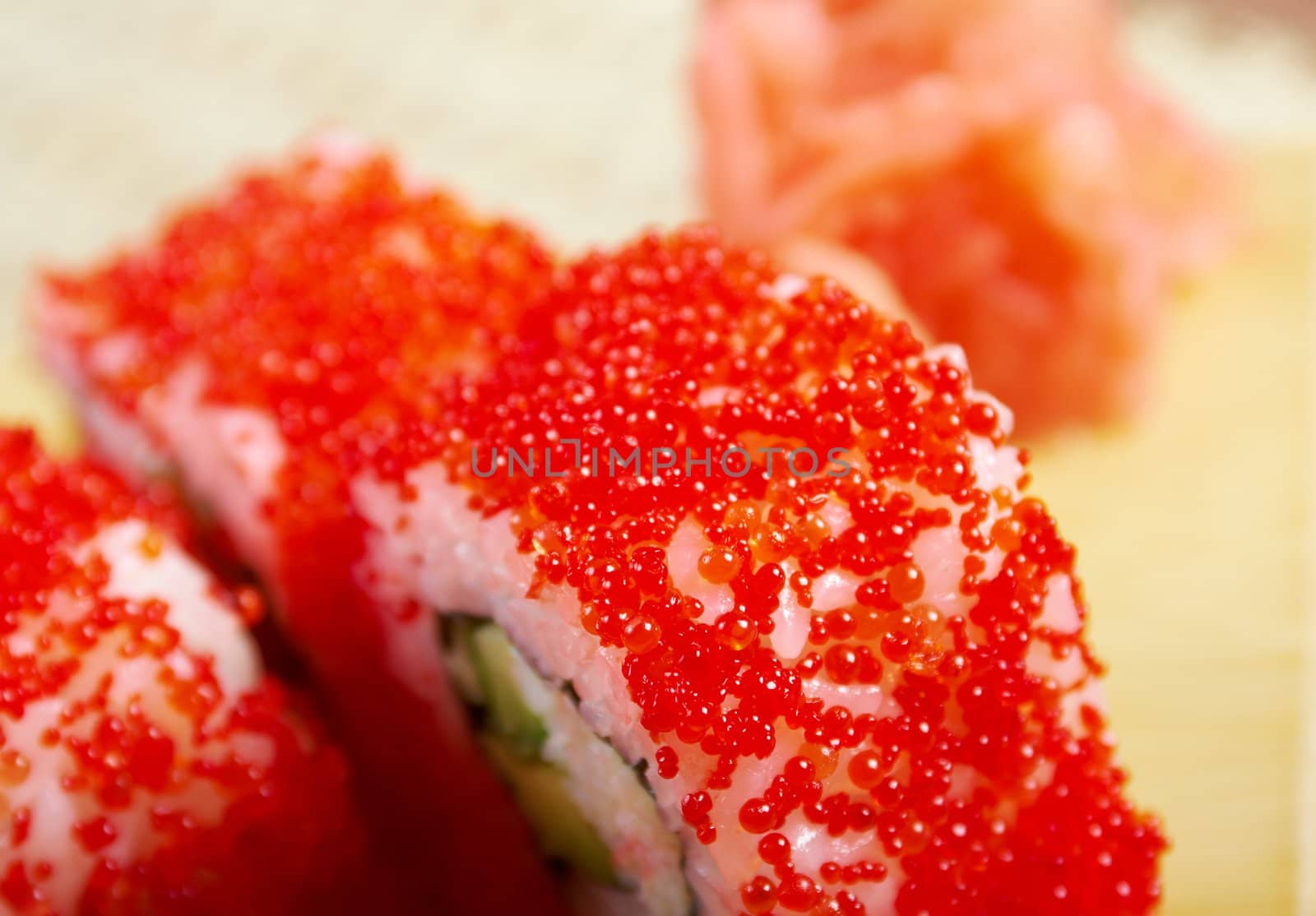 Japanese sushi  traditional japanese food.Roll made of Smoked fish and red roe