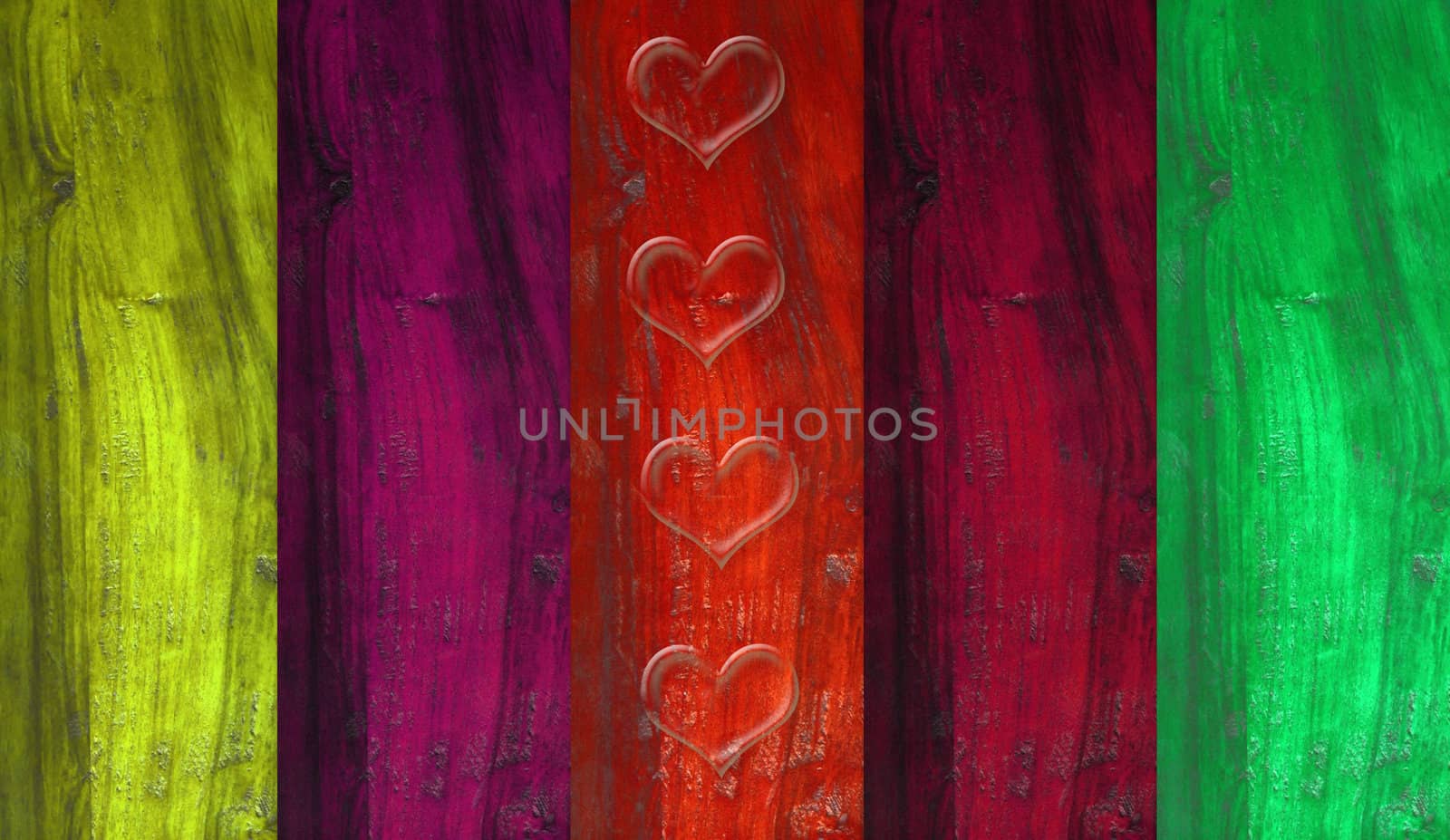 Colorful wooden slats background and transparent hearts