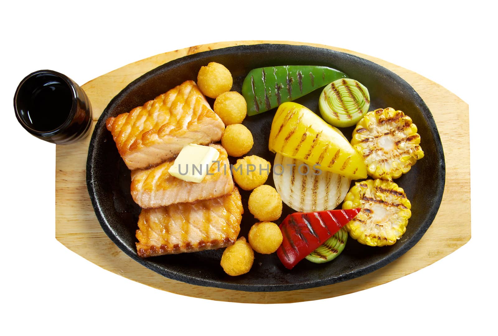 Japanese cuisine .Salmon Steak with Vegetable .isolated on white background. clipping Path 