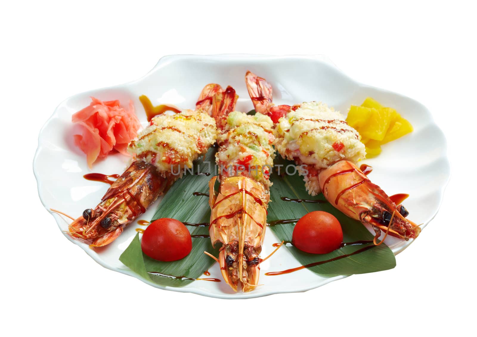 Royal tiger shrimps.Chinese style .isolated on white background. clipping Path 