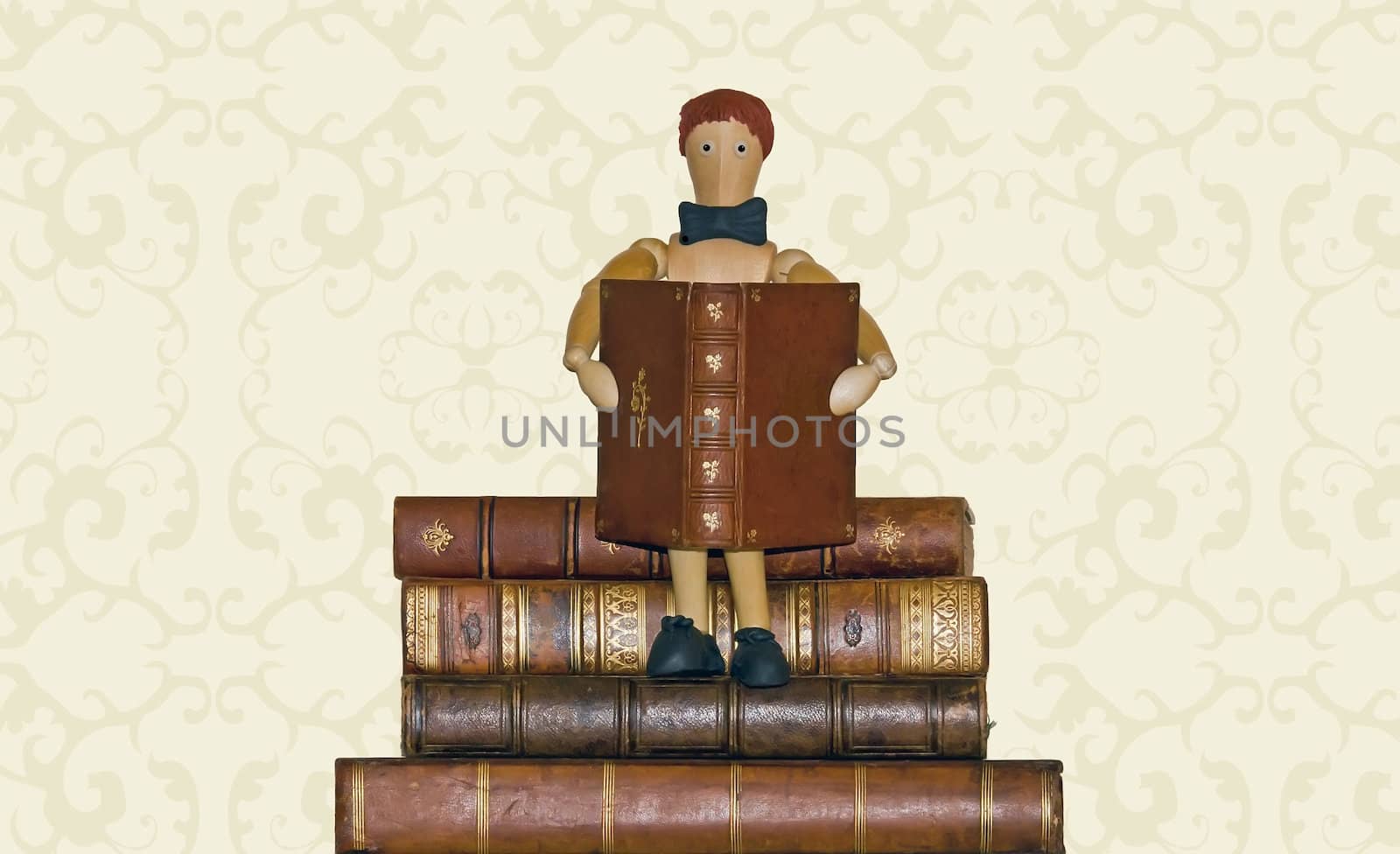 Reader, wooden snowman, sitting on pile of books