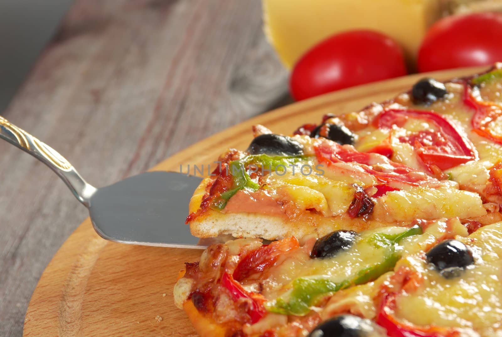 home pizza m paprika and olive Closeup .Shallow depth-of-field