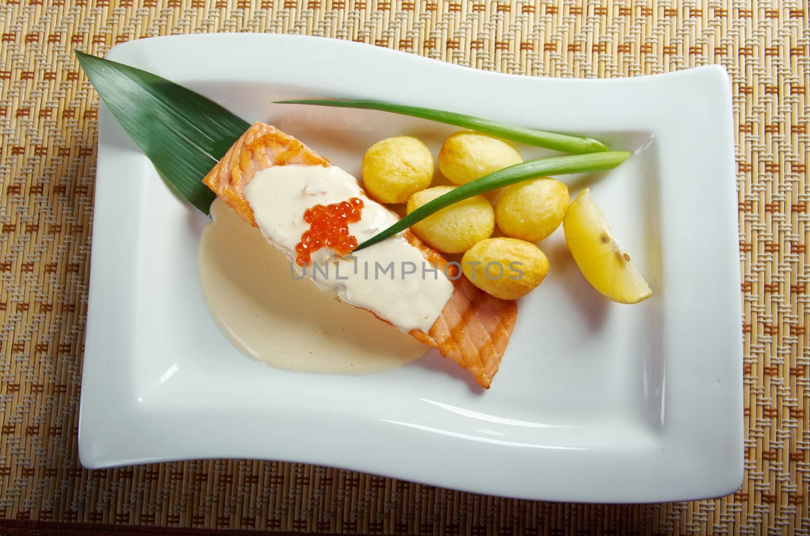 Salmon  with potato .cream sauce.Shallow depth-of-field