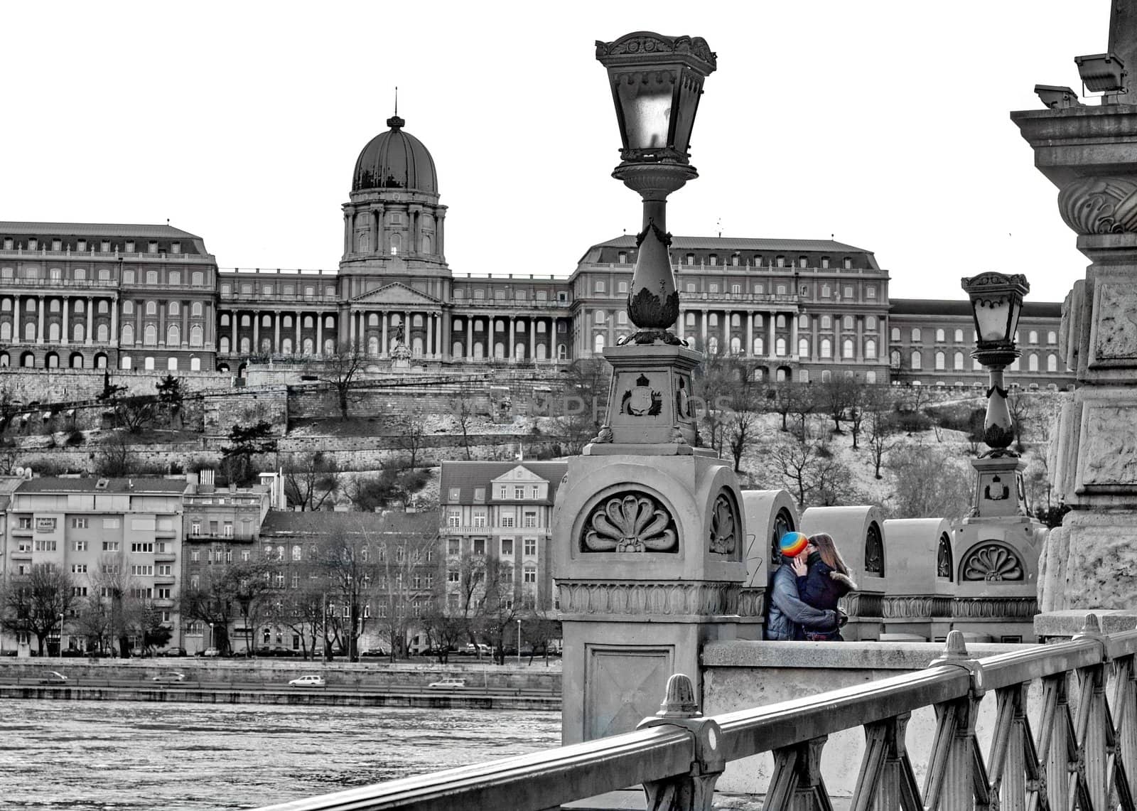 Young couple kissing on the famous bridge of Budapest by anderm