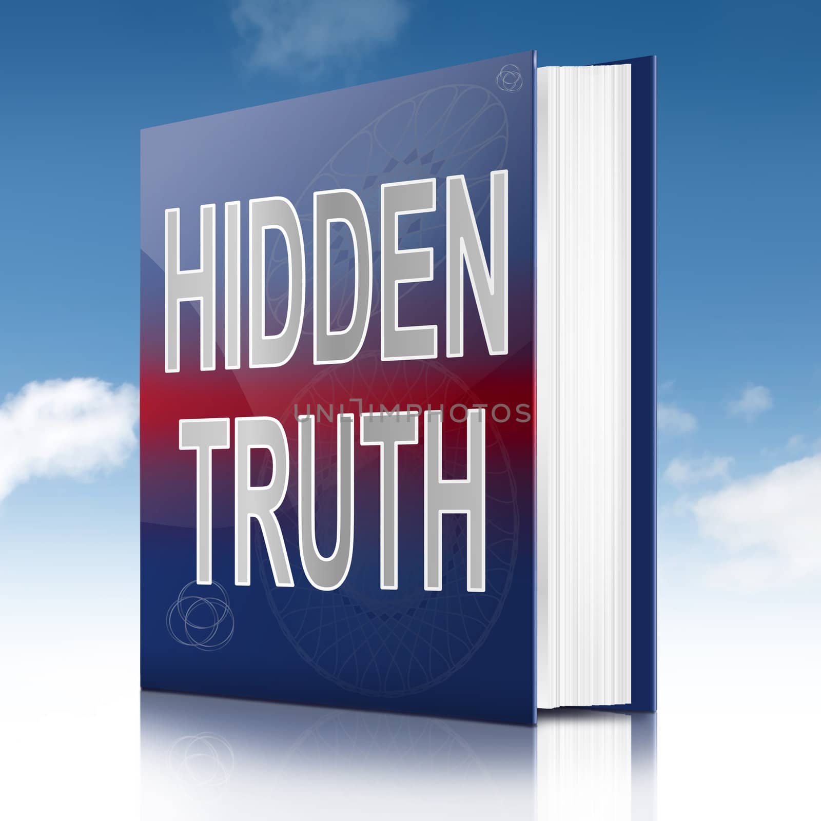 Illustration depicting a book with a hidden truth concept title. Sky background.