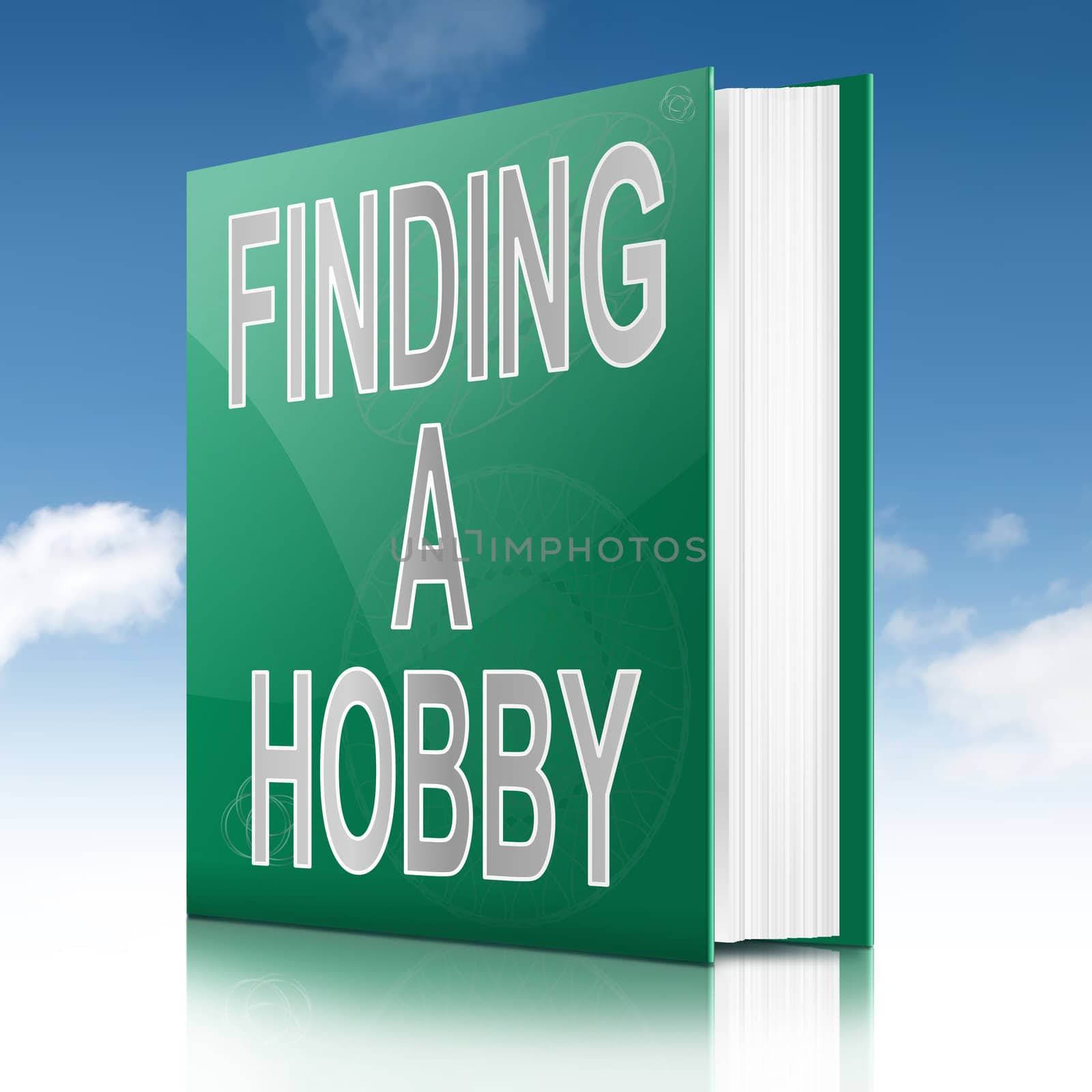 Illustration depicting a book with a finding a hobby concept title. Sky background.