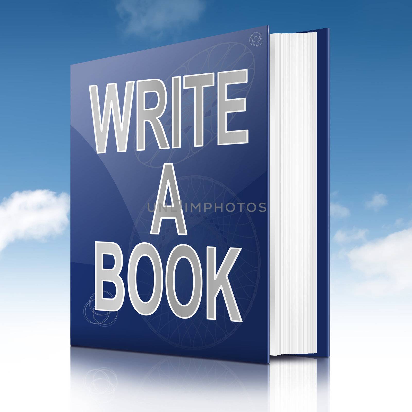 Illustration depicting a book with a writing a book concept title. Sky background.