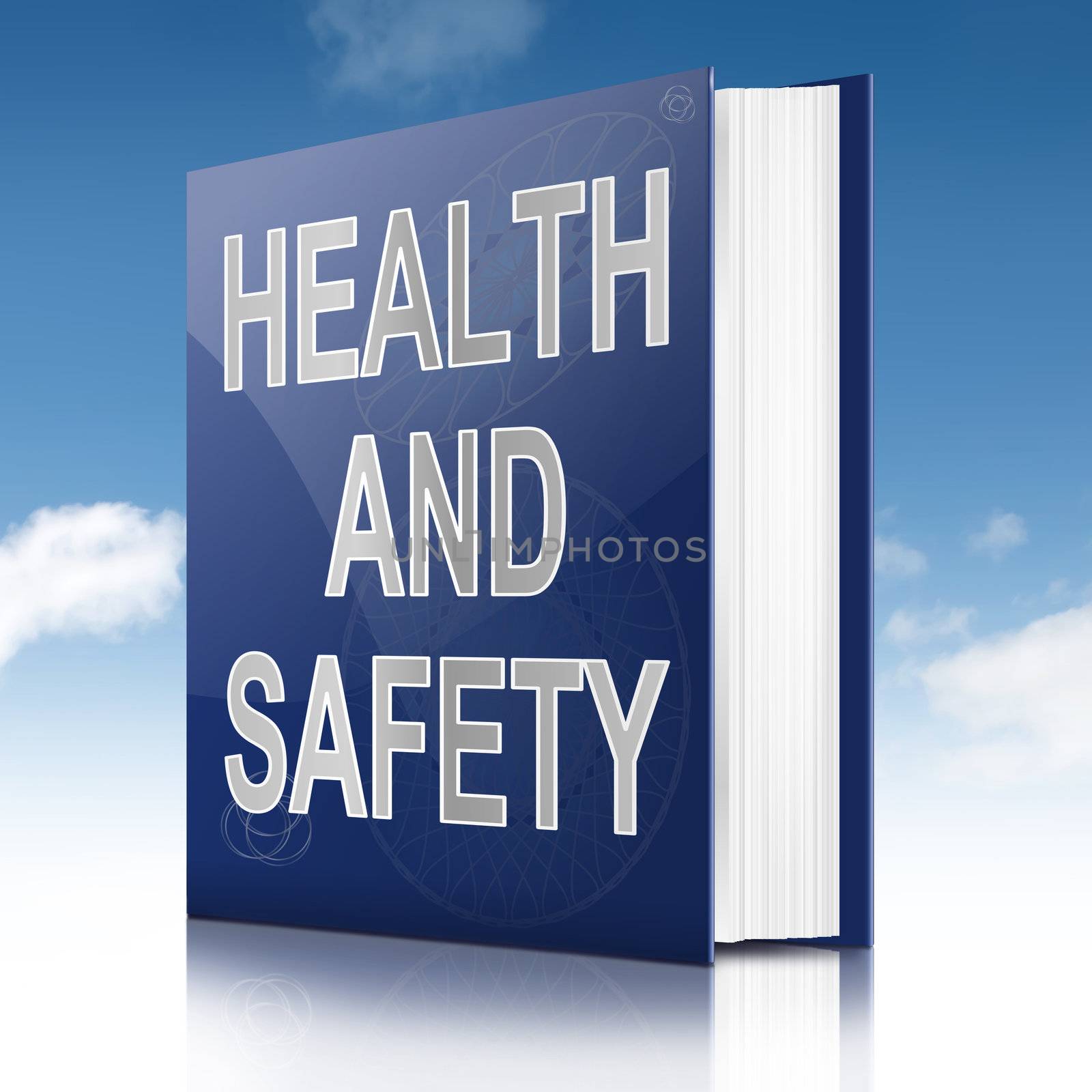 Illustration depicting a text book with a health and safety concept title. Sky background.
