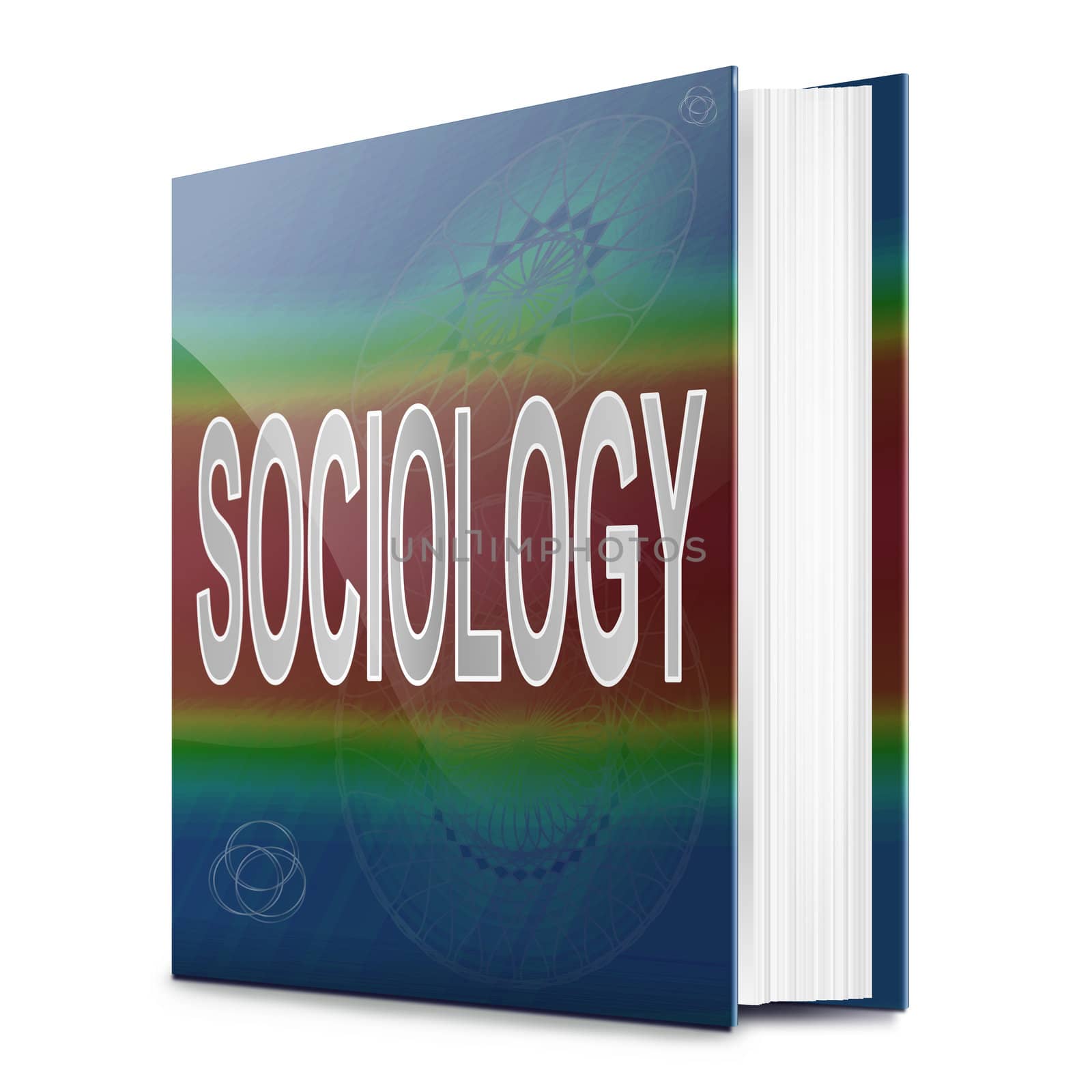 Illustration depicting a text book with a sociology concept title. White background.