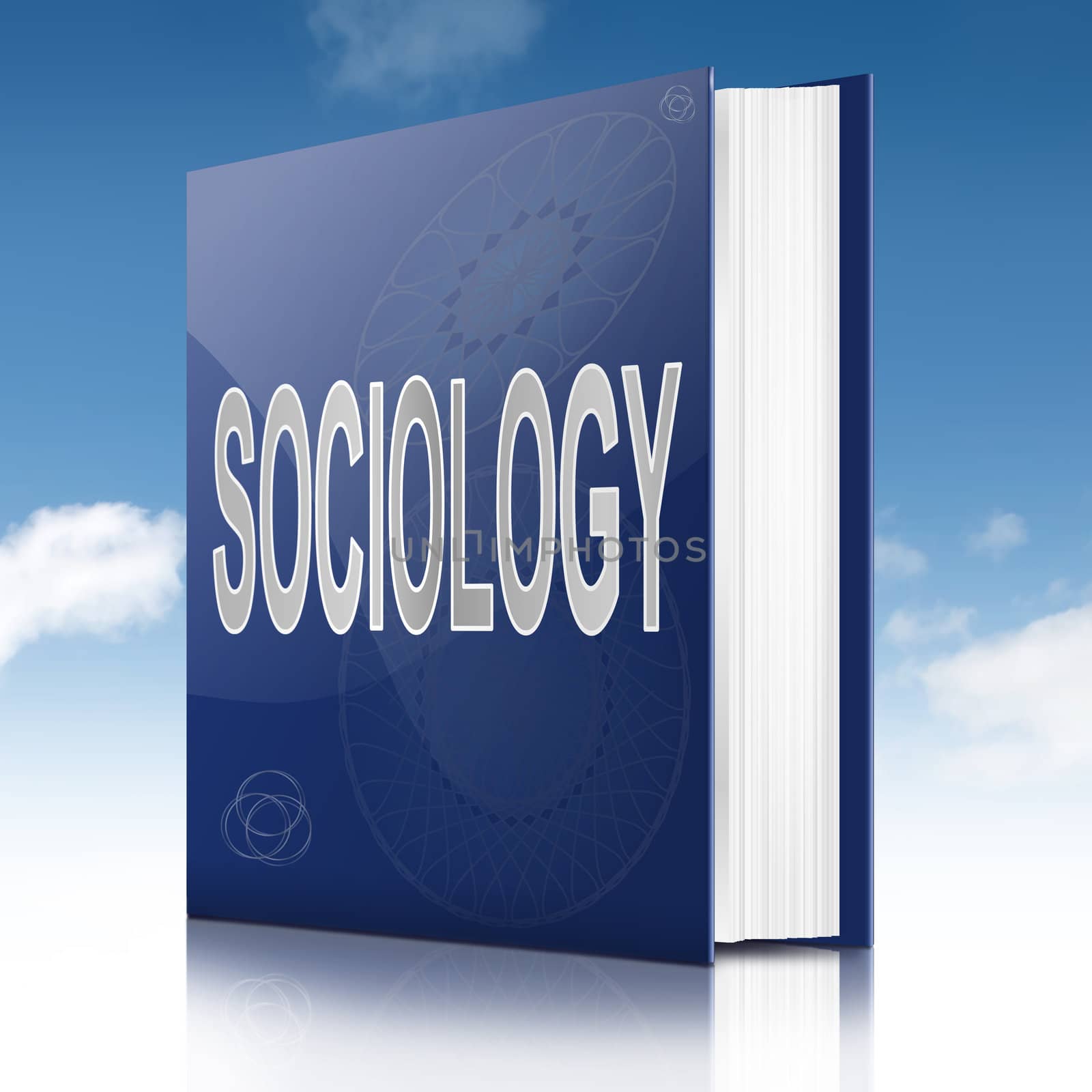 Illustration depicting a text book with a sociology concept title. Sky background.