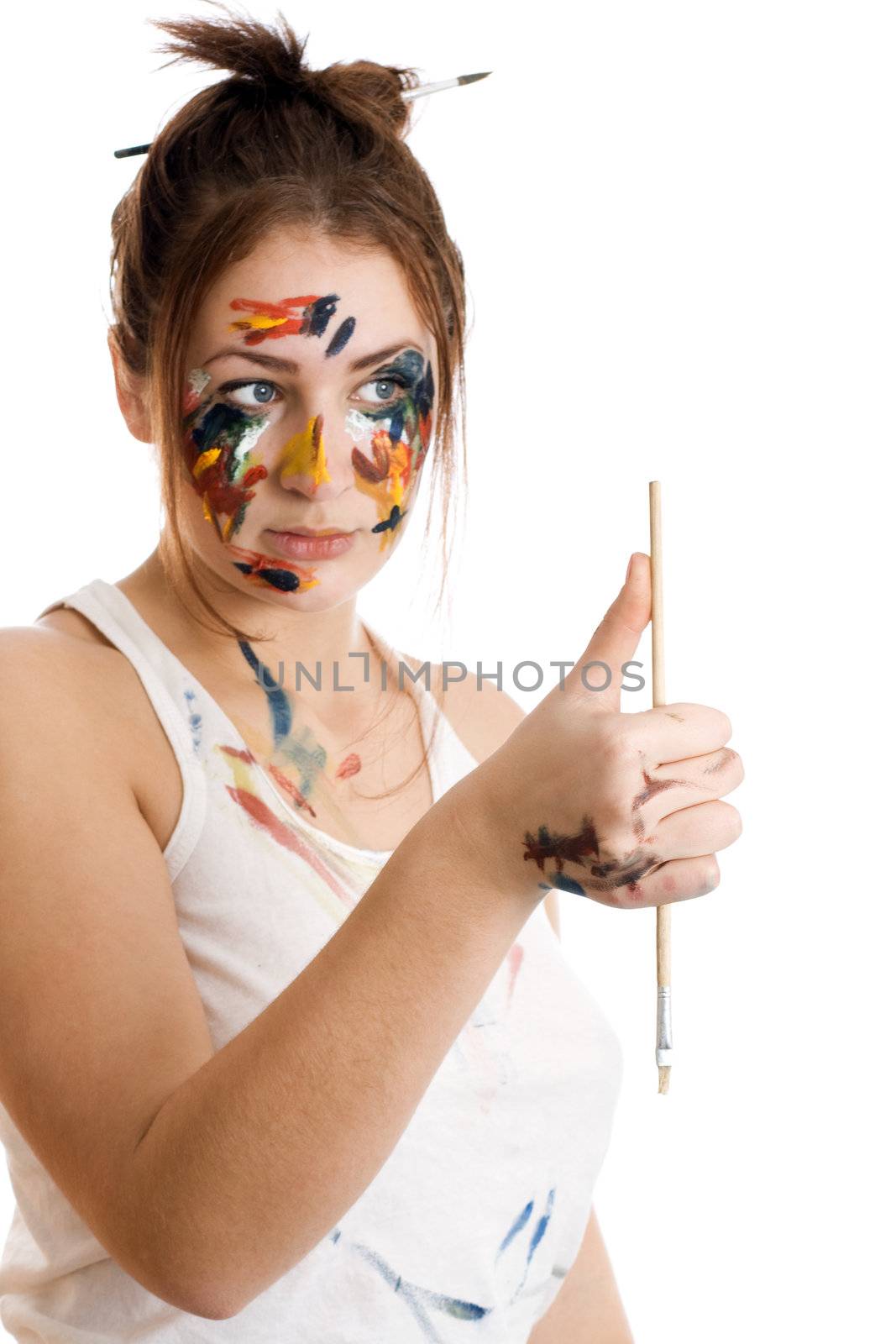 Beautiful girl with brushes. Isolated on white background.