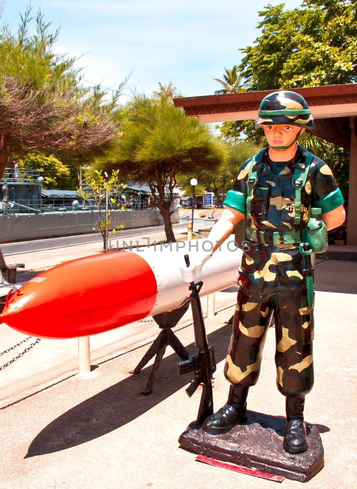 Statues of soldiers with rocket grenades. The show is Chumphon Province, Thailand.